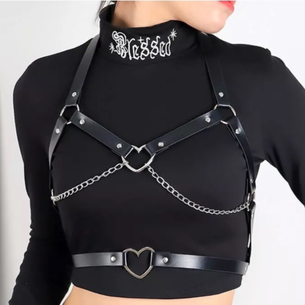 New! Heart Themed Black Harness Bra Chain Festival Rave Goth Adjustable